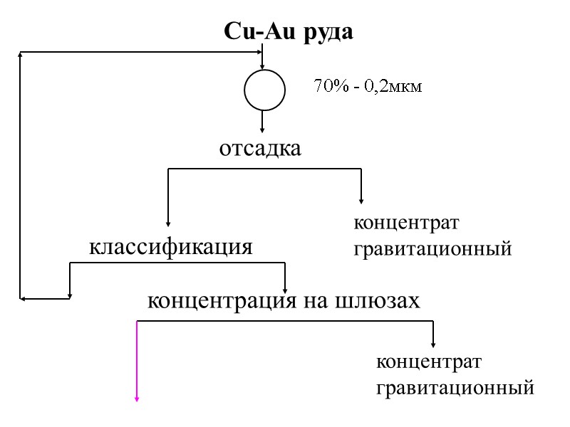 Cu-Au руда 70% - 0,2мкм отсадка концентрат гравитационный классификация концентрация на шлюзах концентрат гравитационный